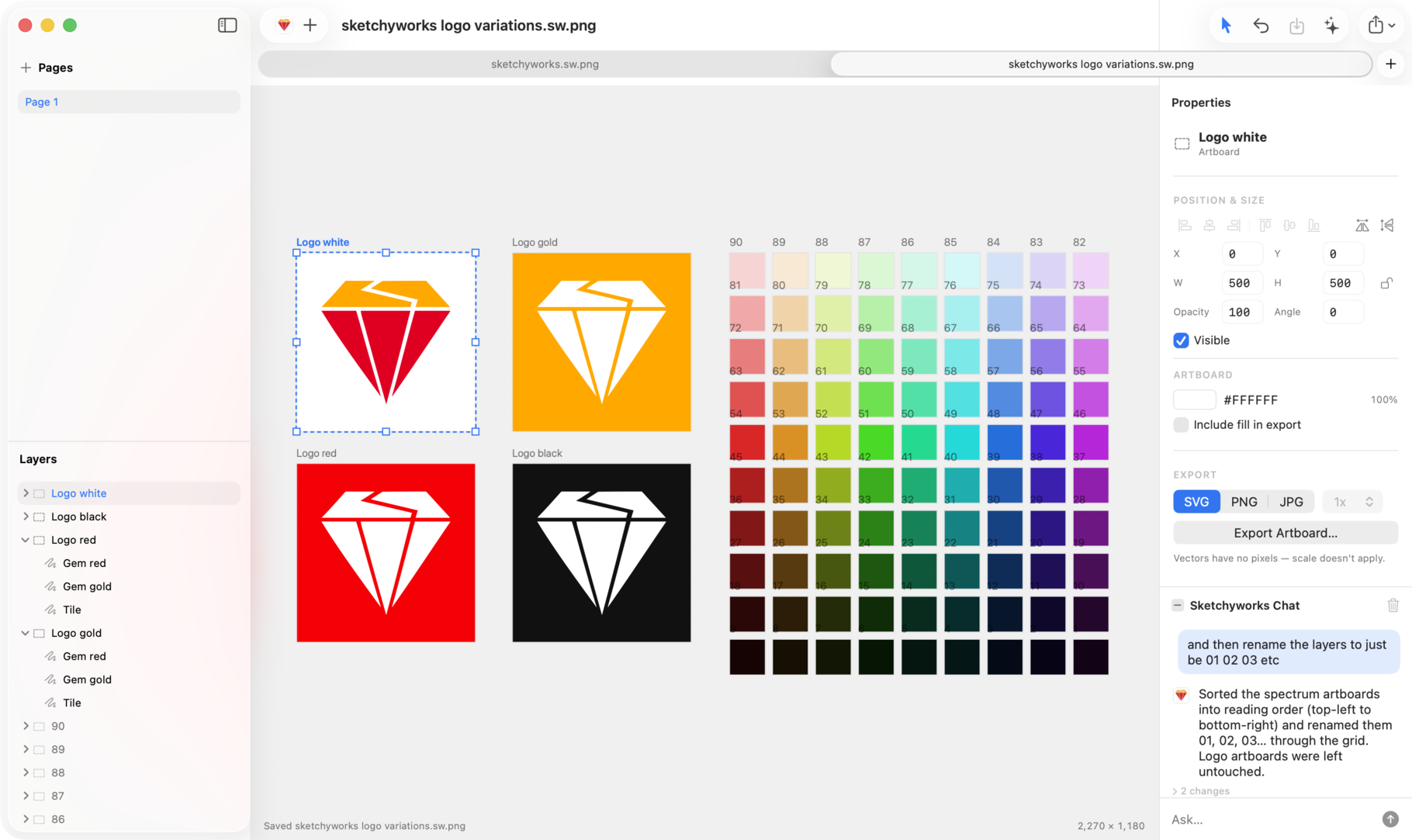 Skechworks on a Mac: the Skechworks gem on four colored artboards beside a color spectrum grid, with the layer list, properties panel and built-in chat.